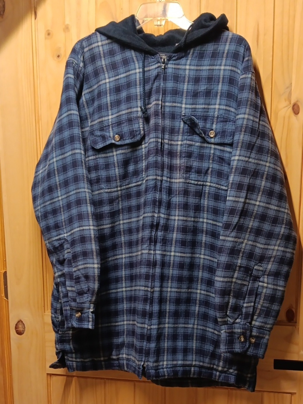 Faded Glory Navy & Light Blue Plaid Hooded Zip Shirt Jacket NWT